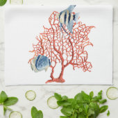 熱帯魚、Angelfishの水彩画が付いている赤い珊瑚 キッチンタオル (折り畳み)