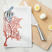 熱帯魚、Angelfishの水彩画が付いている赤い珊瑚 キッチンタオル (四つ折り)