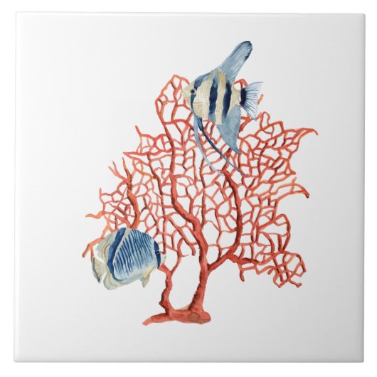 熱帯魚、Angelfishの水彩画が付いている赤い珊瑚 タイル (正面)