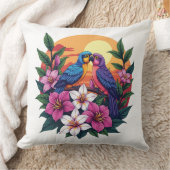 熱帯鮮やかの花で夕暮れのラブバード クッション (ブランケット)