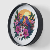 熱帯鮮やかの花で夕暮れのラブバード 壁時計 (傾斜)
