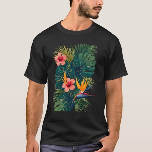熱帯鮮やかジャングルのオールオーバープリントパターン Tシャツ (正面)