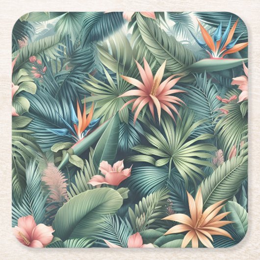 熱帯鮮やかジャングルパターン スクエアペーパーコースター (正面)