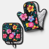 熱帯鮮やかハイビスカスフローラルパターンブラック 鍋つかみ&鍋敷きセット (正面/裏面)