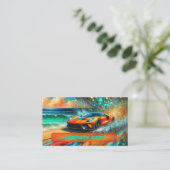 熱帯鮮やかビーチのオレンジ色のスポーツカー 名刺 (スタンド正面)