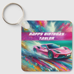 熱帯鮮やかビーチのピンクのスポーツカー キーホルダー