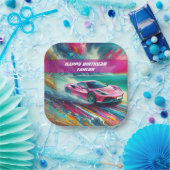 熱帯鮮やかビーチのピンクのスポーツカー ペーパープレート (パーティー)