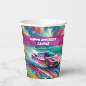 熱帯鮮やかビーチのピンクのスポーツカー 紙コップ (裏面)