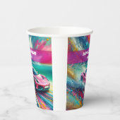 熱帯鮮やかビーチのピンクのスポーツカー 紙コップ (左)