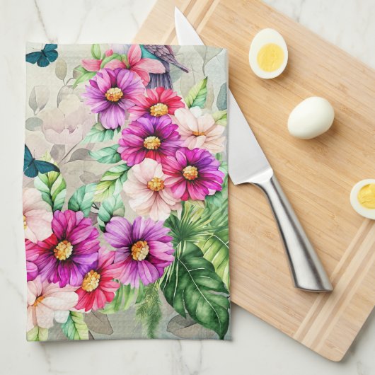 熱帯鮮やかフローラハミングバード キッチンタオル (四つ折り)