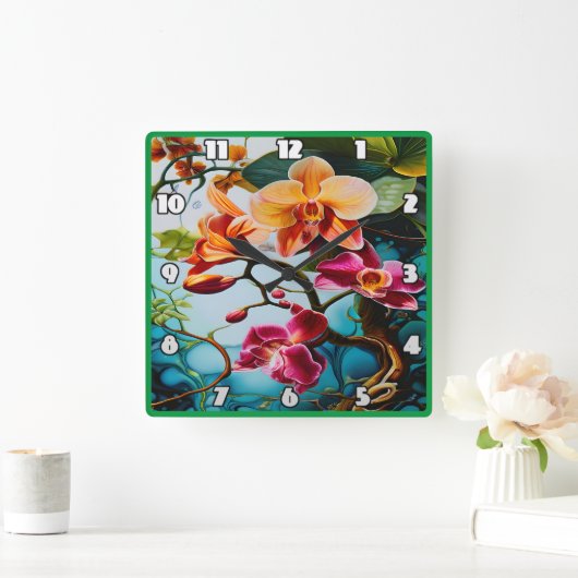 熱帯鮮やか楽園に咲く蘭 スクエア壁時計 (ホーム)