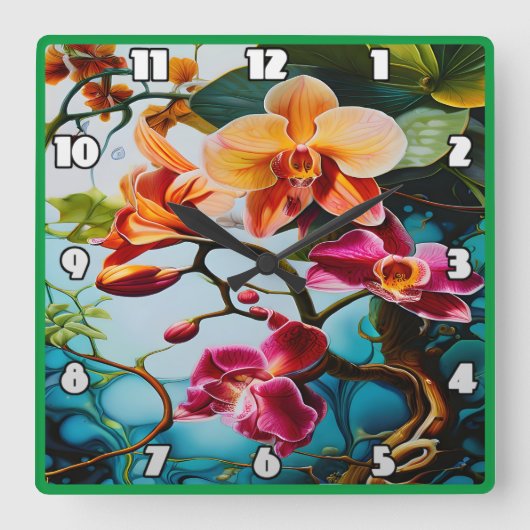 熱帯鮮やか楽園に咲く蘭 スクエア壁時計 (正面)