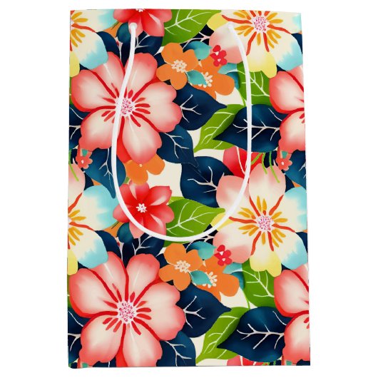 熱帯鮮やか花柄 ミディアムペーパーバッグ (正面)