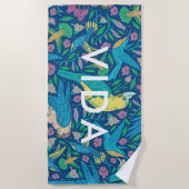 熱帯鳥と花のパタカラフルーン ビーチタオル (正面)