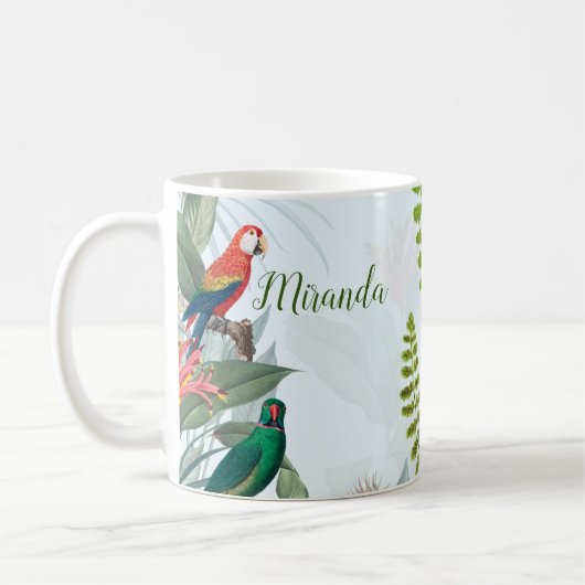 熱帯鳥のオウムと葉 コーヒーマグカップ (左)