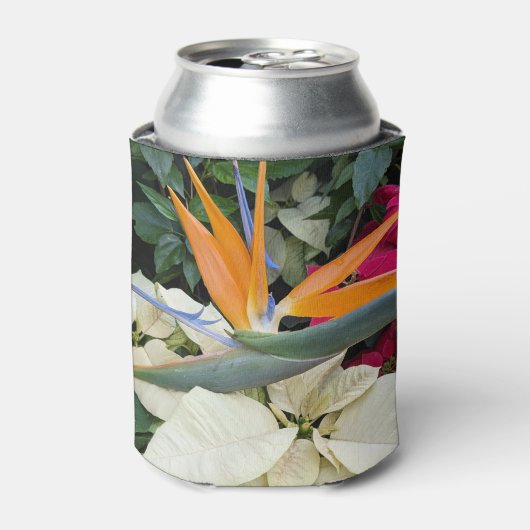 熱帯鳥のパラダイス植物とポインセチア 缶クーラー (缶正面)