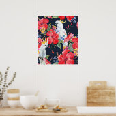 熱帯鳥の水色の赤いハイビスカスの花 ポスター (キッチン)