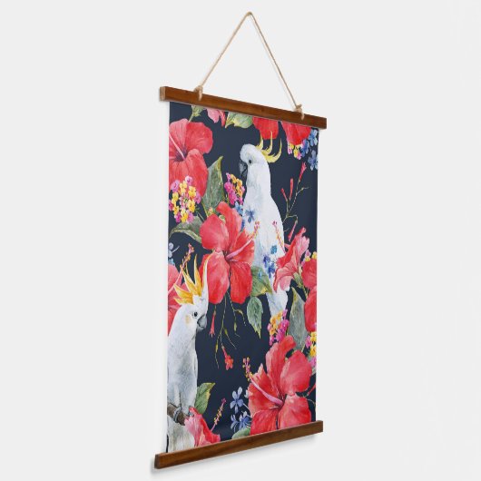 熱帯鳥の水色の赤いハイビスカスの花 吊り下げ型タペストリー (傾斜あり)
