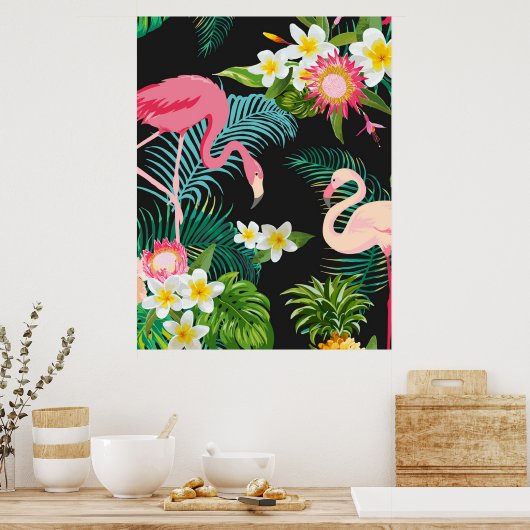 熱帯鳥の花フラミンゴの水の風景 ポスター (キッチン)