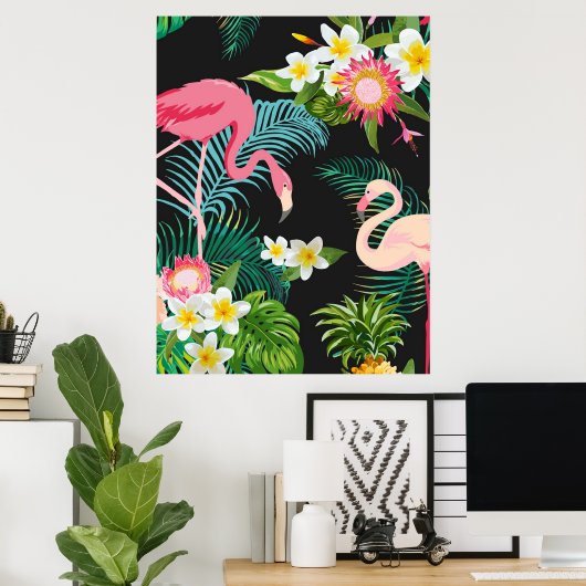 熱帯鳥の花フラミンゴの水の風景 ポスター (ホームオフィス)