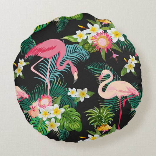 熱帯鳥の花フラミンゴの水の風景 ラウンドクッション (裏面)