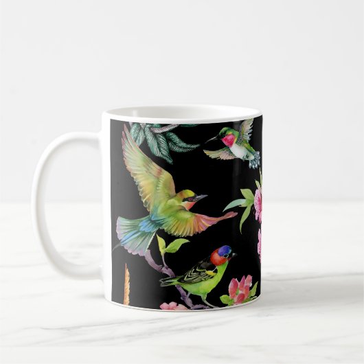熱帯鳥の花:水彩パターン コーヒーマグカップ (左)