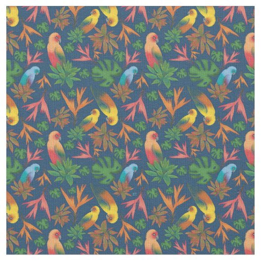 熱帯鳥の青い花柄 ファブリック (クローズアップ)