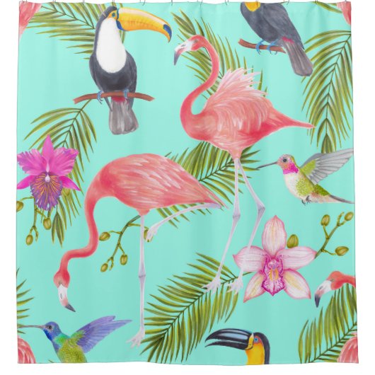 熱帯鳥：水色のシームレスなパターン。 シャワーカーテン (正面)