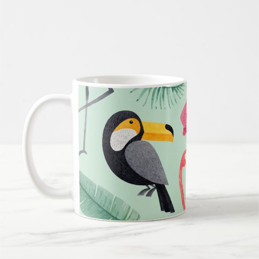 熱帯鳥、花、水彩模様。 コーヒーマグカップ (左)