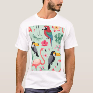 熱帯鳥、花、水彩模様。 Tシャツ