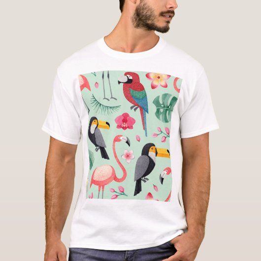 熱帯鳥、花、水彩模様。 Tシャツ (正面)