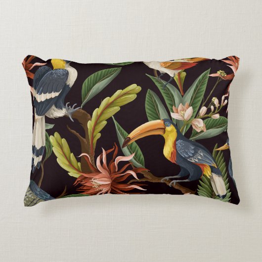 熱帯鳥:葉ヴィンテージと花 アクセントクッション (正面)