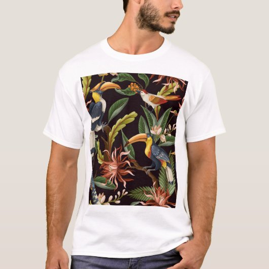 熱帯鳥:葉ヴィンテージと花 Tシャツ (正面)