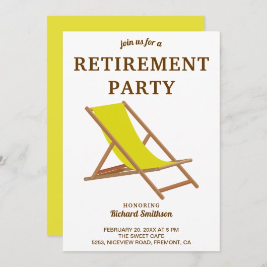 熱帯黄色のビーチチェア退職パーティー 招待状 (正面/裏面)
