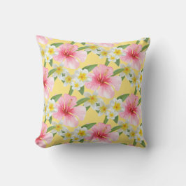 熱帯黄色ピンクのハイビスカスフラワーパターン アウトドアクッション