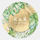 熱帯黄金の葉結婚のモノグラム ラウンドシール (正面)