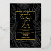 熱帯黒葉水カラー金ゴールド結婚スクリプト 箔招待状 (正面)