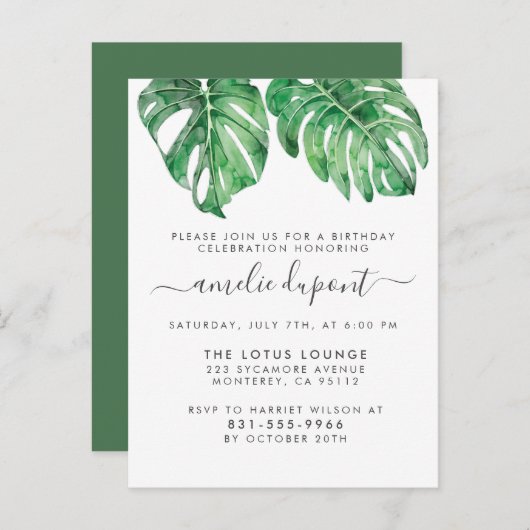 熱帯Monsteraはスタイリッシュな原稿の誕生日を残します インビテーションポストカード (正面/裏面)