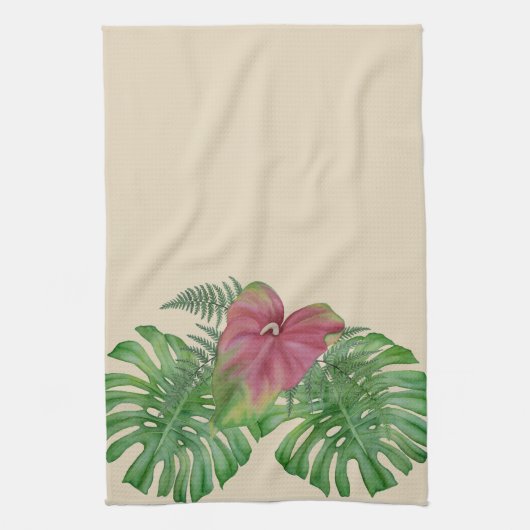 熱帯Monstera及びアンスリウム属の花の台所タオル キッチンタオル (縦)