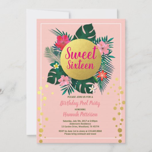 熱帯sweet sixteen16プールパーティーピンクと金ゴールド 招待状 (正面)