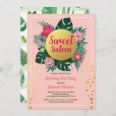 熱帯sweet sixteen16プールパーティーピンクと金ゴールド 招待状 (正面/裏面)