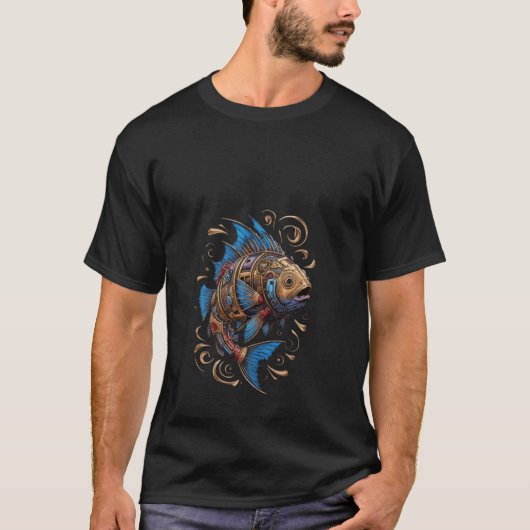 熱心な人向けの青と金のスチームパンクの魚のデザイン Tシャツ (正面)