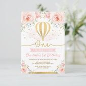 熱気の気球のピンクの金ゴールドの花の女の子の第1誕生日 招待状 (スタンド正面)