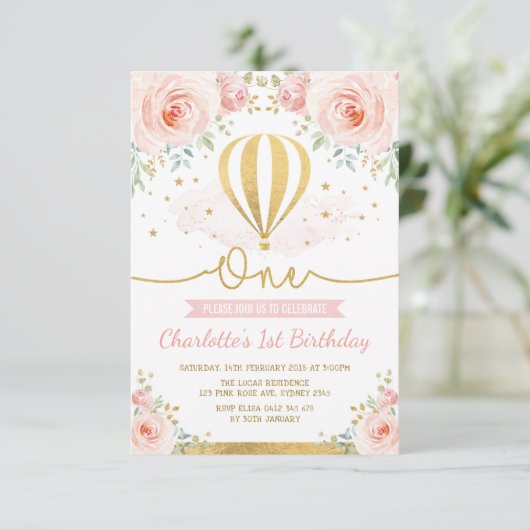 熱気の気球のピンクの金ゴールドの花の女の子の第1誕生日 招待状 (スタンド正面)