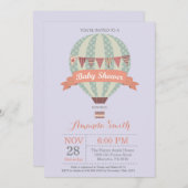 熱気の気球のベビーシャワーの招待状の紫色 招待状 (正面/裏面)