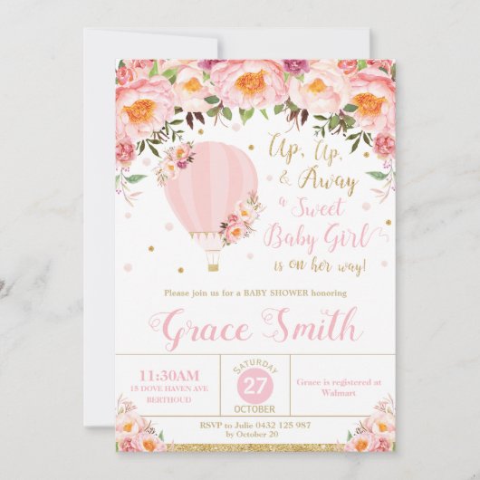 熱気の気球のベビーシャワーの赤面の花の女の赤ちゃん 招待状 (正面)
