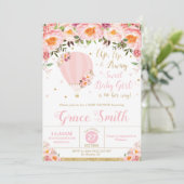 熱気の気球のベビーシャワーの赤面の花の女の赤ちゃん 招待状 (スタンド正面)