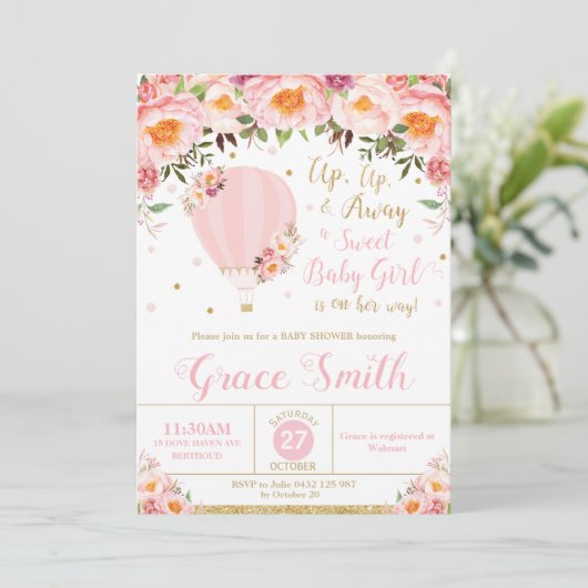 熱気の気球のベビーシャワーの赤面の花の女の赤ちゃん 招待状 (スタンド正面)