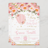 熱気の気球のベビーシャワーの赤面の花の女の赤ちゃん 招待状 (正面/裏面)