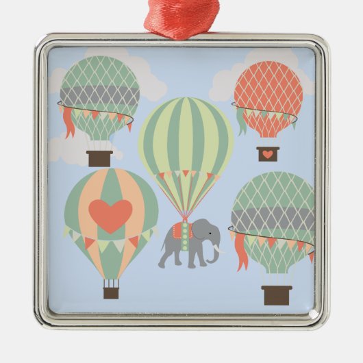 熱気の気球の上昇に乗っているかわいい象 メタルオーナメント (正面)
